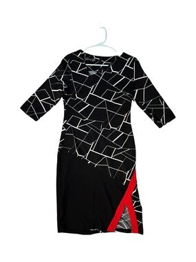 Black Geometric Long-Sleeve Dress with Red Side Accent